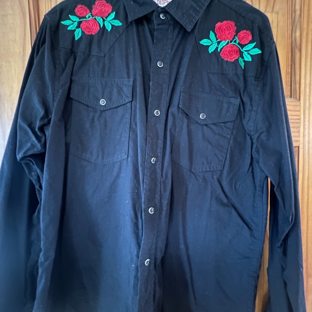Black Shirt with Red Rose Embroidery